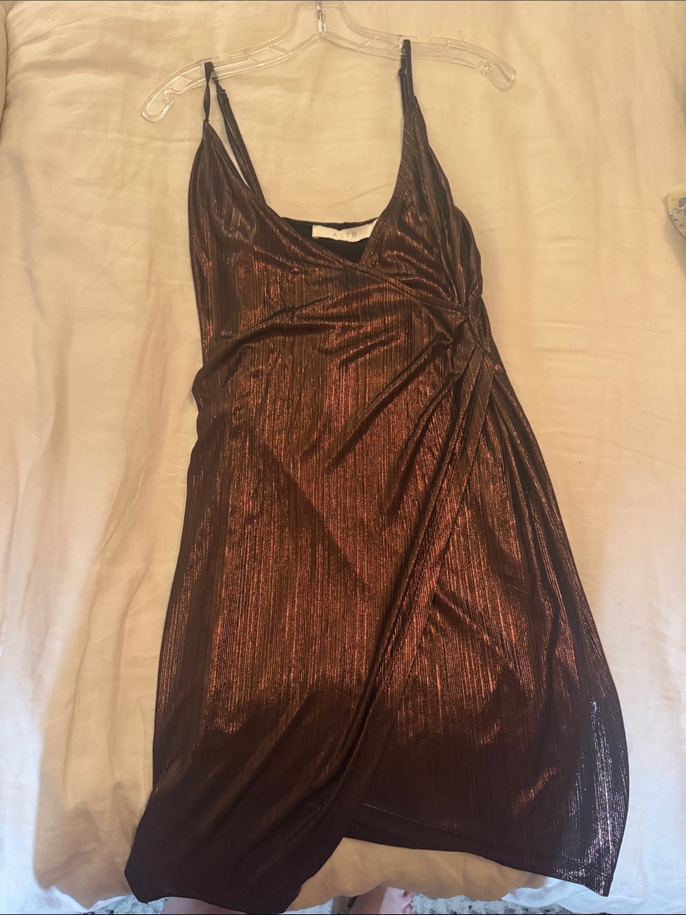 Astr Metallic Copper-Brown Wrap Mini Dress